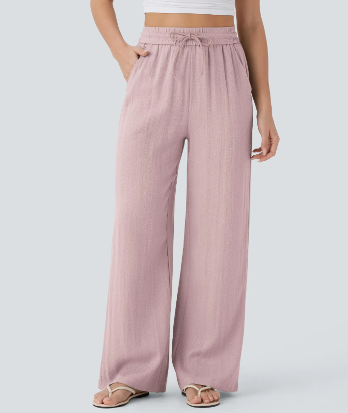 ✨Women's High Waisted Drawstring Pocket Wide Leg Linen-Feel Pants