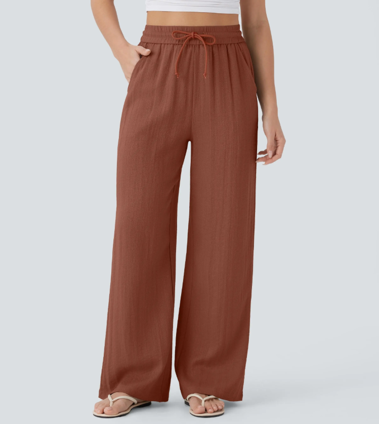 ✨Women's High Waisted Drawstring Pocket Wide Leg Linen-Feel Pants