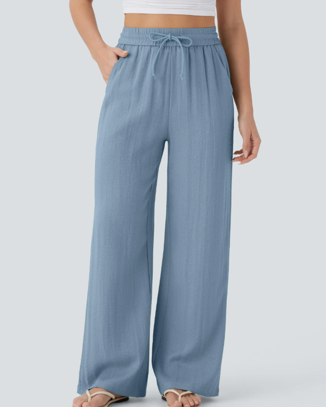 ✨Women's High Waisted Drawstring Pocket Wide Leg Linen-Feel Pants