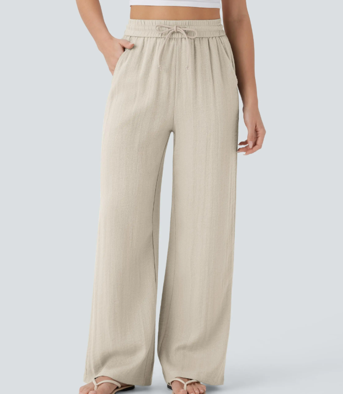 ✨Women's High Waisted Drawstring Pocket Wide Leg Linen-Feel Pants