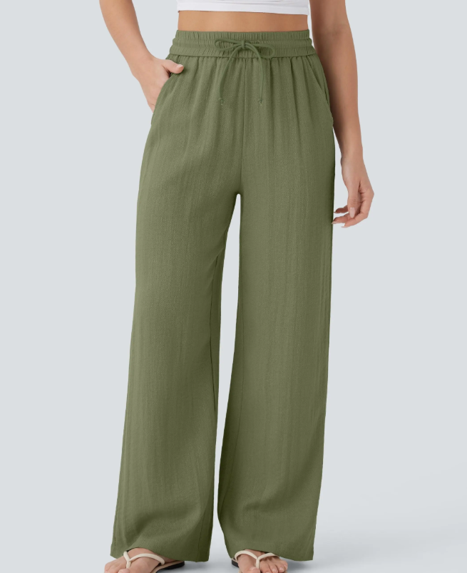 ✨Women's High Waisted Drawstring Pocket Wide Leg Linen-Feel Pants