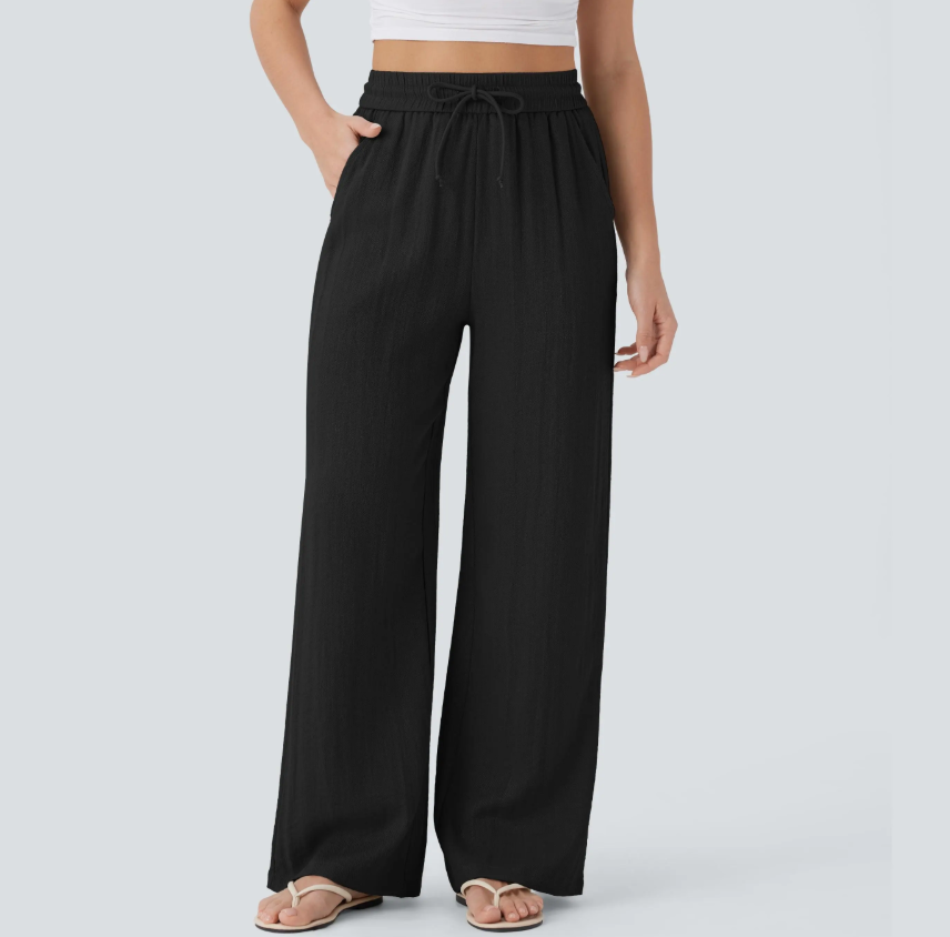✨Women's High Waisted Drawstring Pocket Wide Leg Linen-Feel Pants