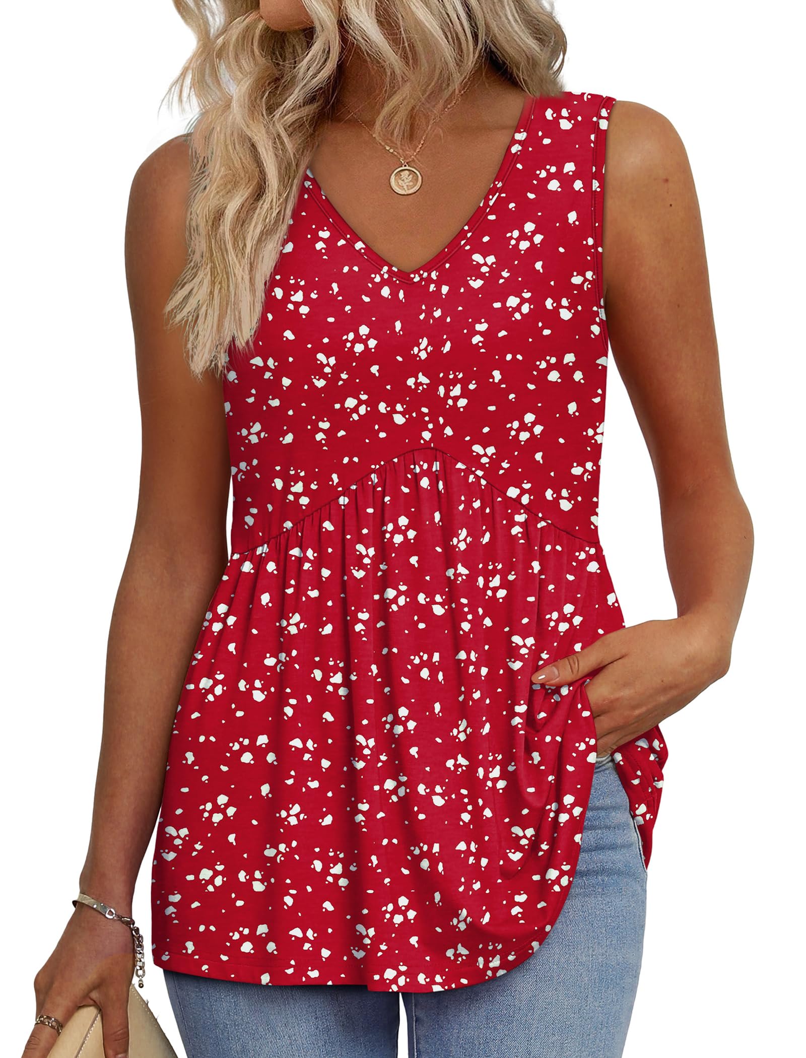 HOT SALE Women's Print Flowy Sleeveless V Neck Peplum Tank Tops