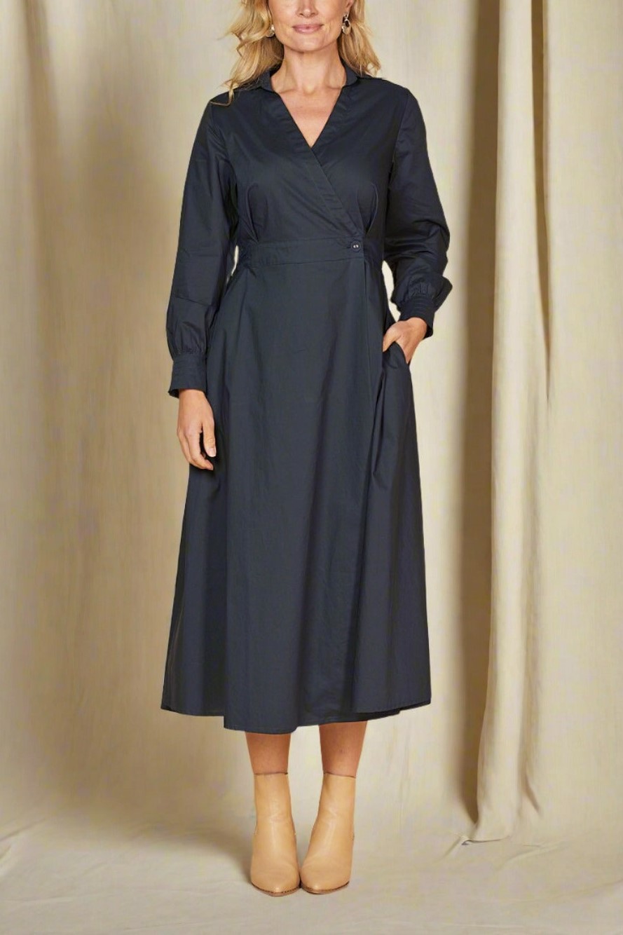 Cross V-neck Long Seeve Buckle Waist Midi Dress