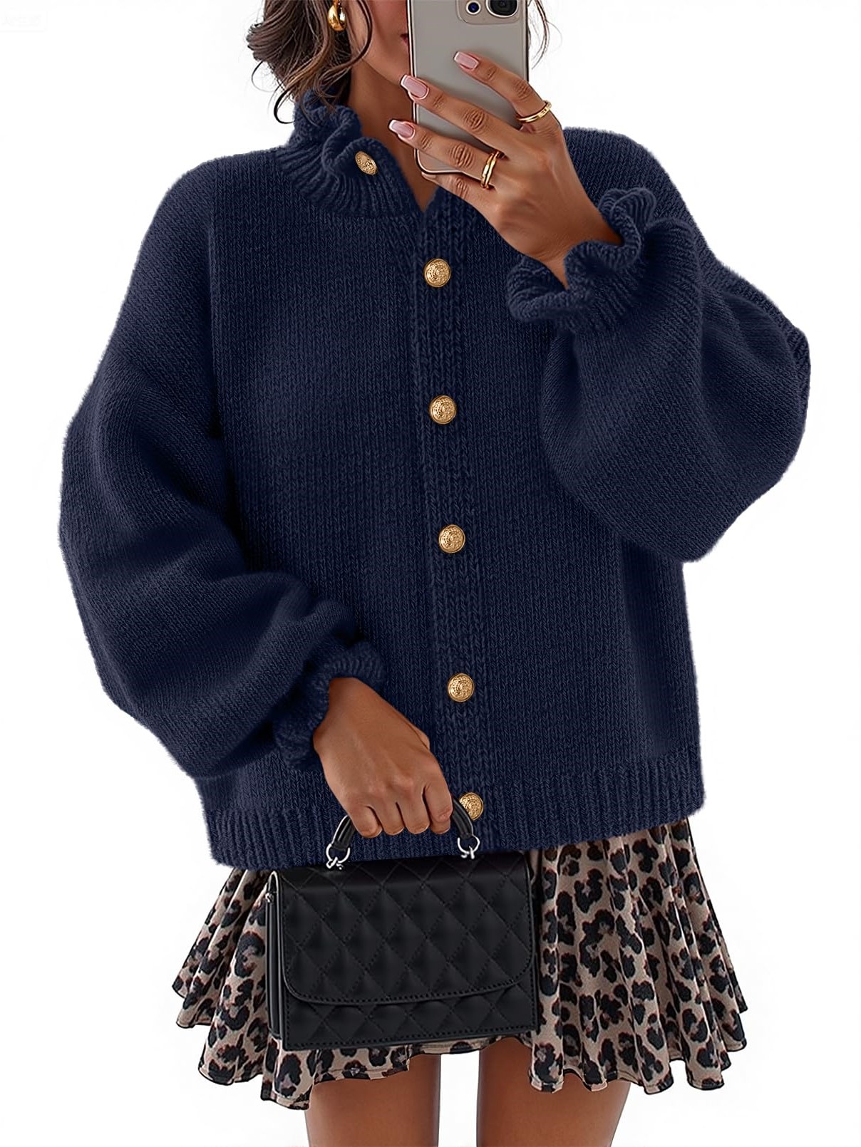 Women's Ruffle Button Down Long Sleeve Chunky Cardigan Sweaters