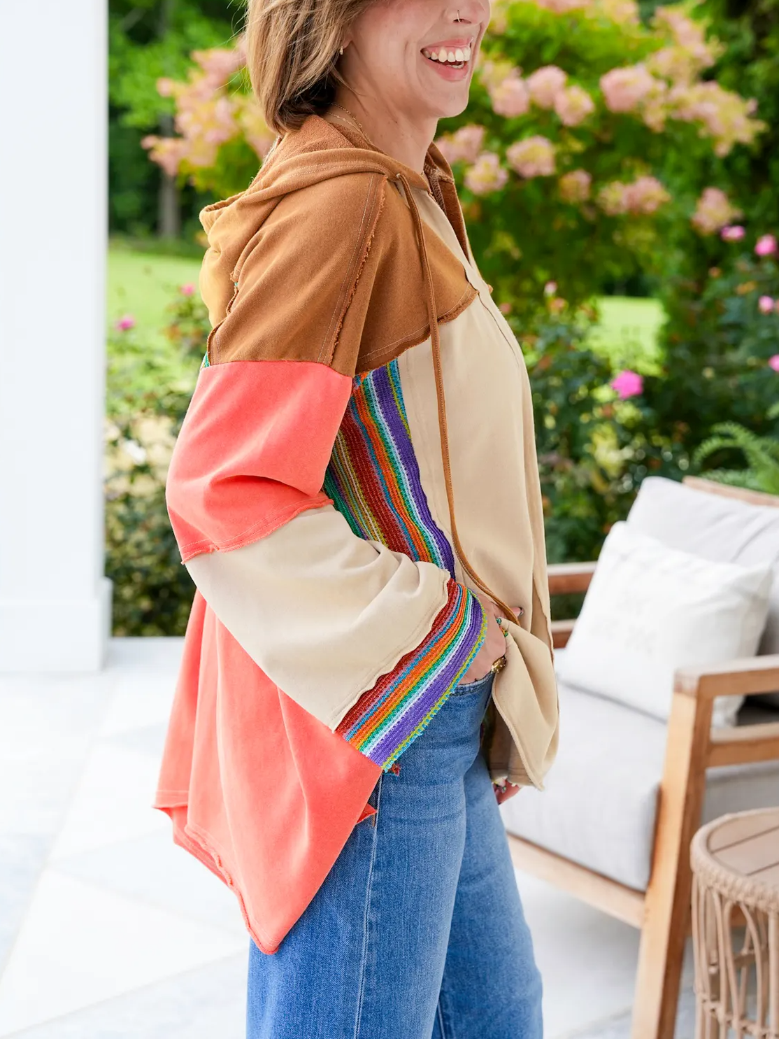 Colorblock long sleeve top with rainbow crochet details