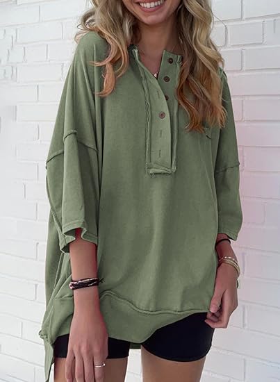 NEW🔥 Women's  Oversized T Shirts Casual Short Sleeve Henley Neck Tees(BUY 2 FREE SHIPPING)