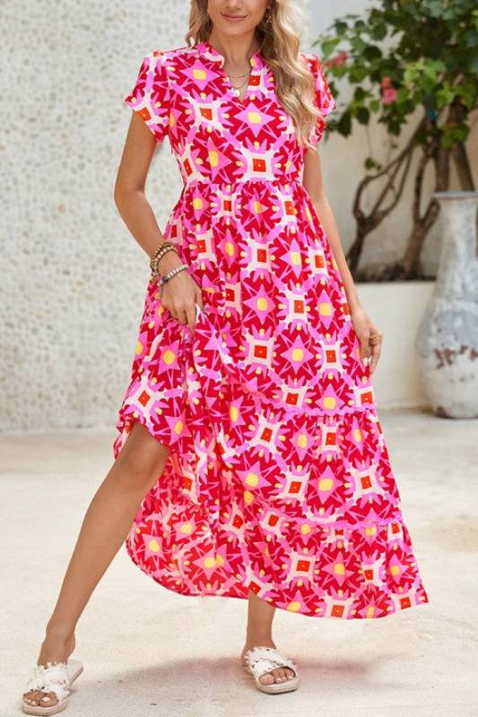 Optical Strawberry Pink V nack Maxi Dress