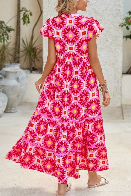 Optical Strawberry Pink V nack Maxi Dress