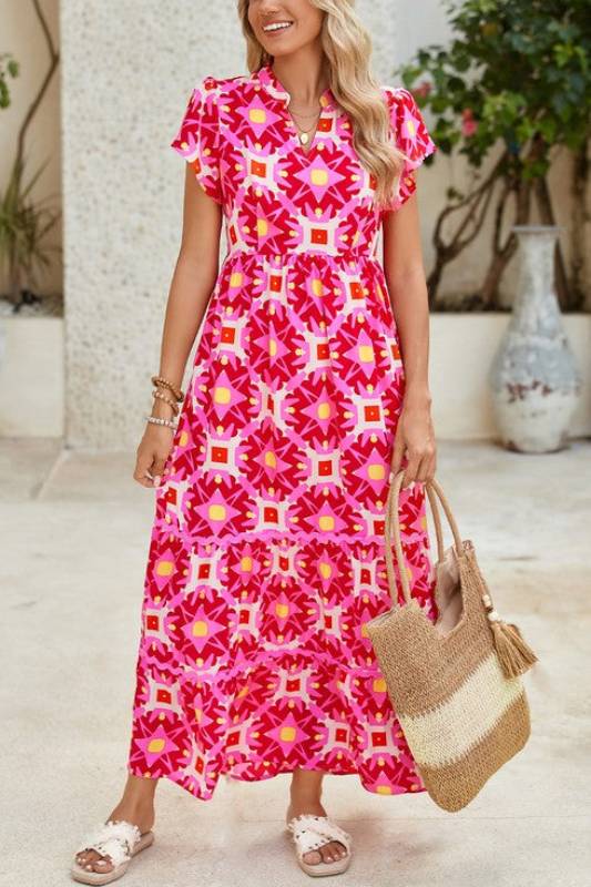 Optical Strawberry Pink V nack Maxi Dress