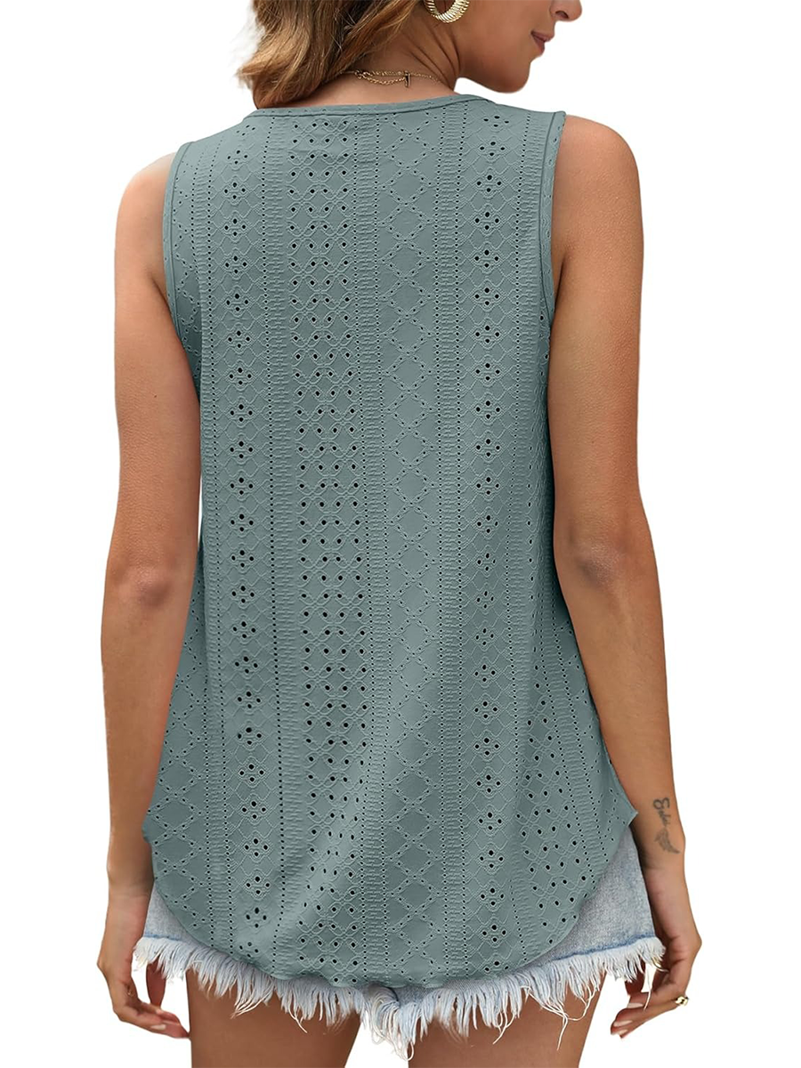 Women's Casual Loose Scoop Neck Wide Strap Eyelet Tank Tops