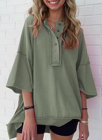 NEW🔥 Women's  Oversized T Shirts Casual Short Sleeve Henley Neck Tees(BUY 2 FREE SHIPPING)