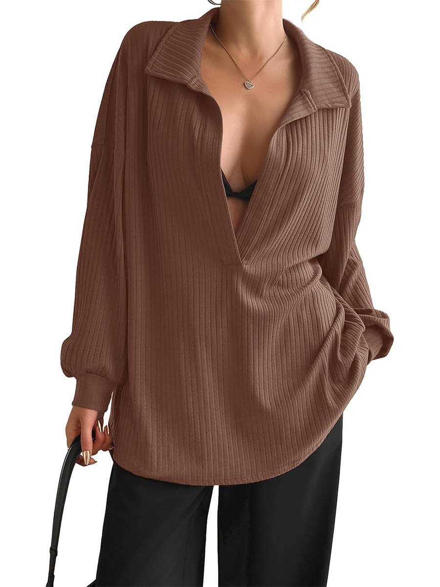 Women's Oversized Deep V Neck Long Sleeve Ribbed Knit Pullover Tops