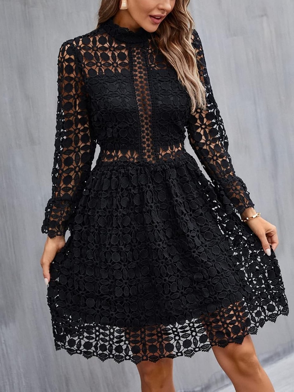 Women's Stand Collar Lace Hollow-Out Floral Pattern Dress