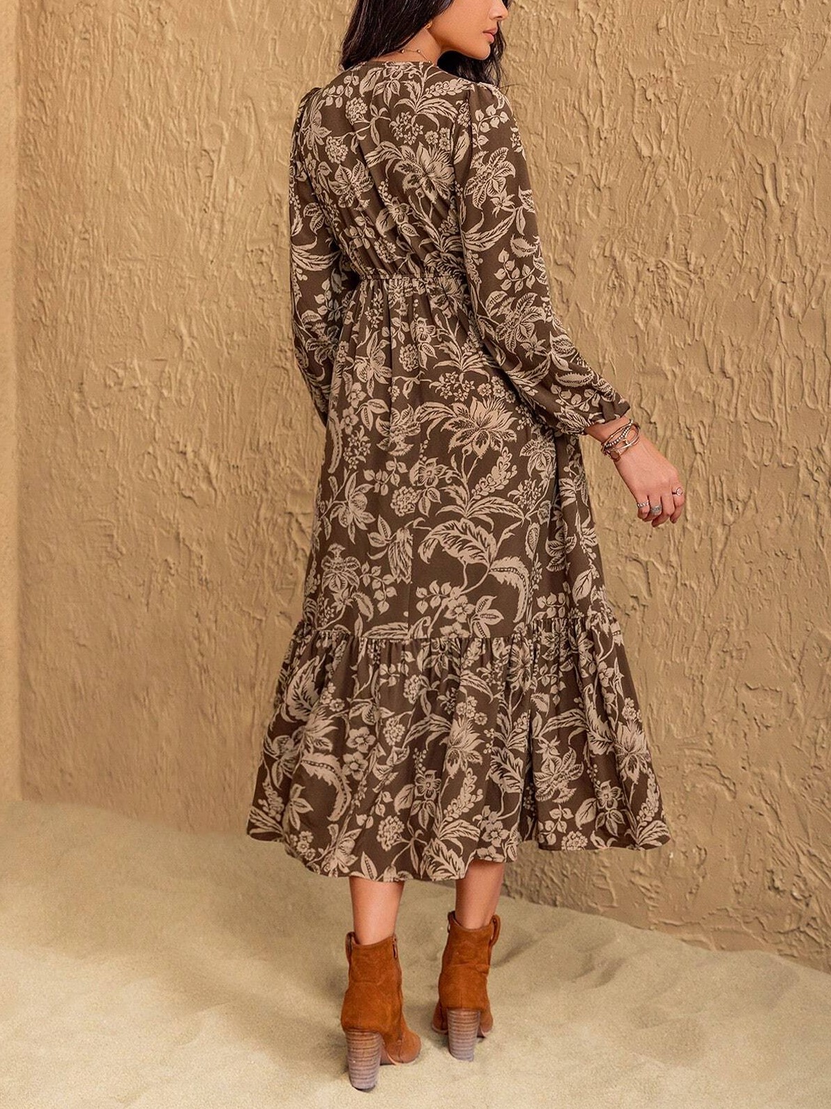 Women's Bohemian Floral V-Neck Long Sleeve Maxi Dress