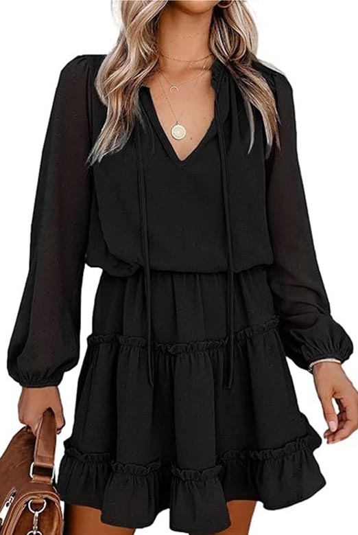 Women's Tie Neck High Waist Layered Ruffle Waist Mini Dress(BUY 2 FREE SHIPPING)