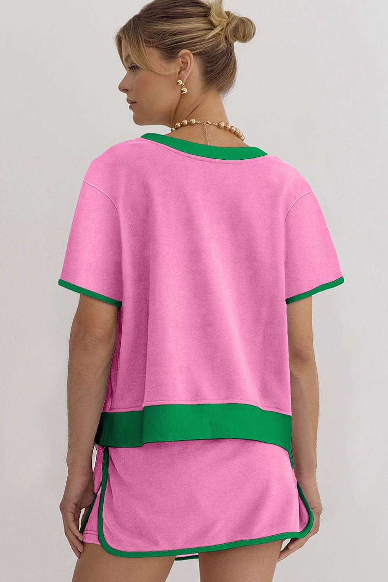 Women's Colorblock Drop Shoulder T Shirt Skort 2Pcs Set
