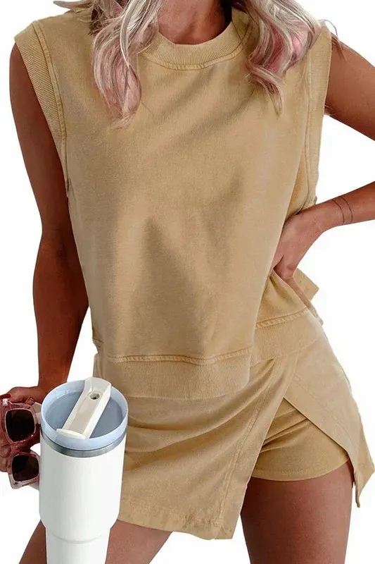 HOT SALE Women's Mineral Wash Tank Top and Slit Skort Set