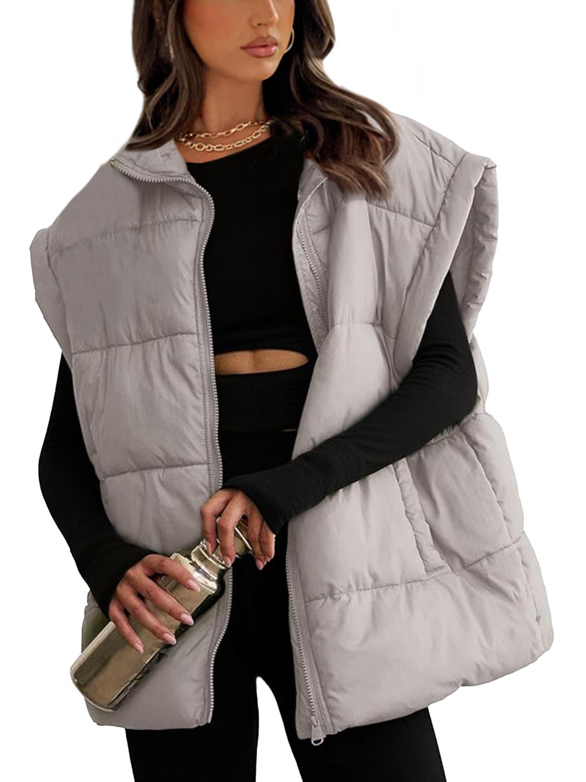 Women's Oversized Stand Collar Puffer Vest Lightweight with Pockets