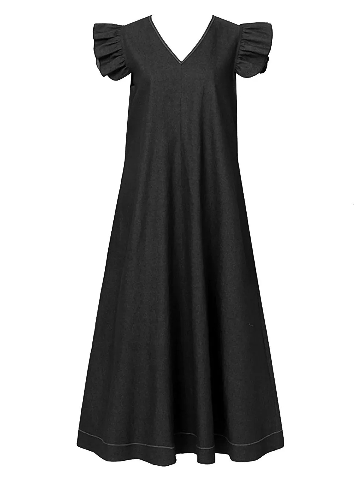 HOT SALE Women's Casual Loose Fit Ruffle Sleeveless V-Neck Denim Maxi Dress