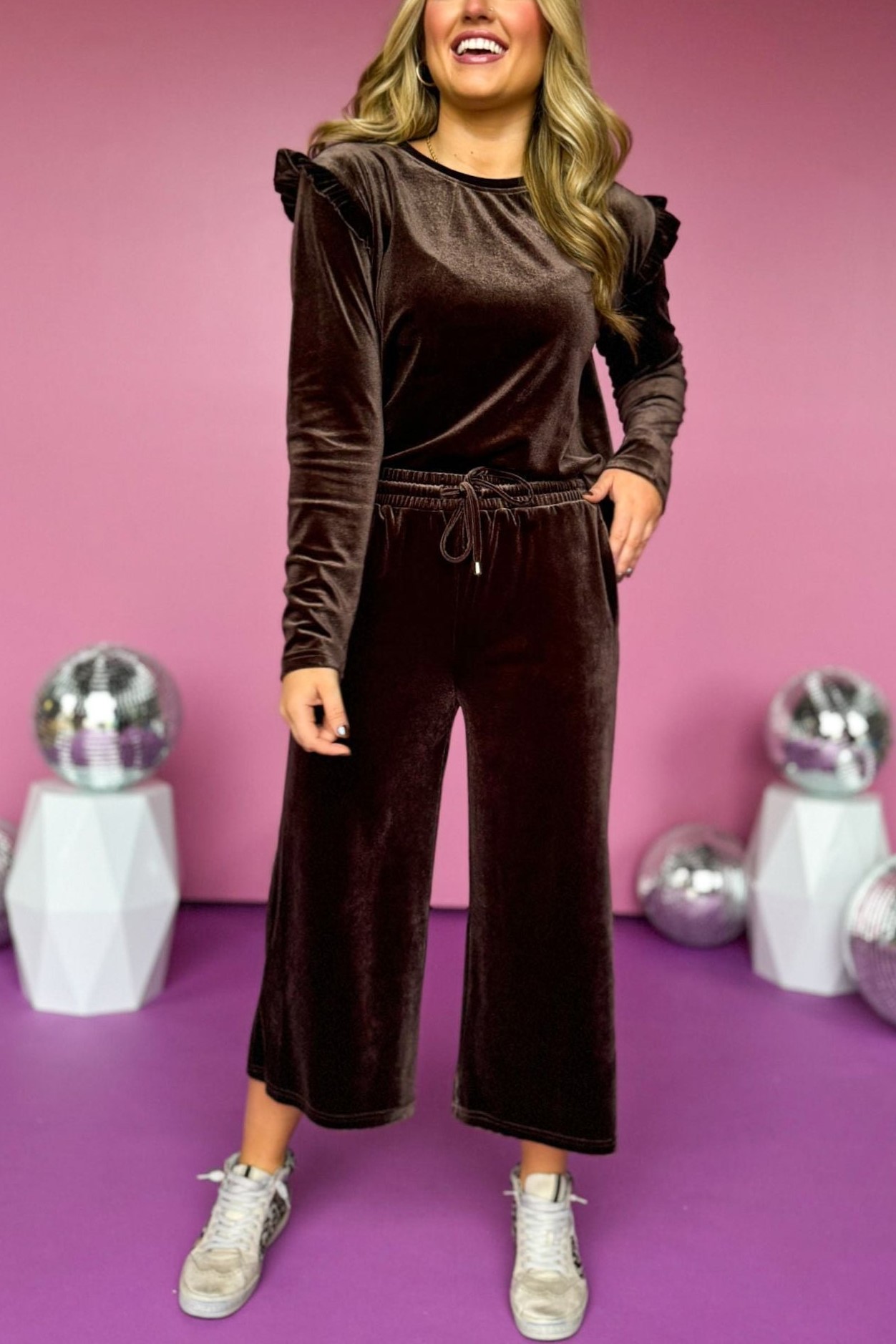  Velvet Ruffle Long Sleeve and Wide Leg Pants Set