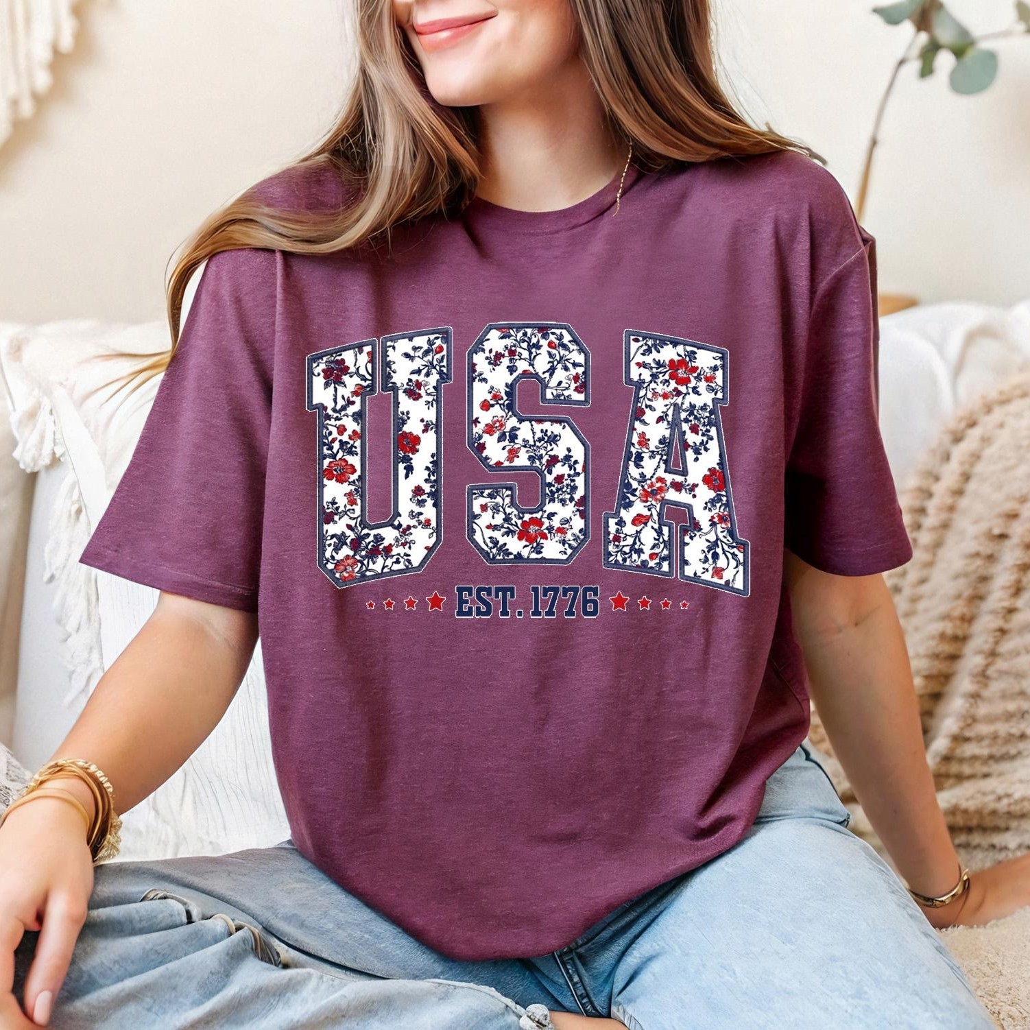 Women's Patriotic Floral USA Graphic Tee, Independence Day Shirt