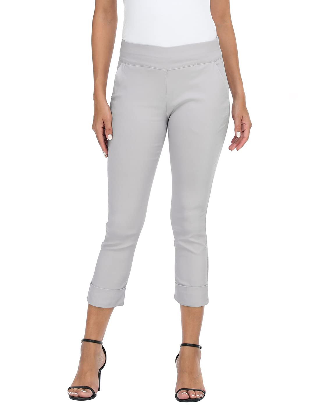 Women's Pull On Capri Pants with Pockets Elastic Waist Cropped Work Pants