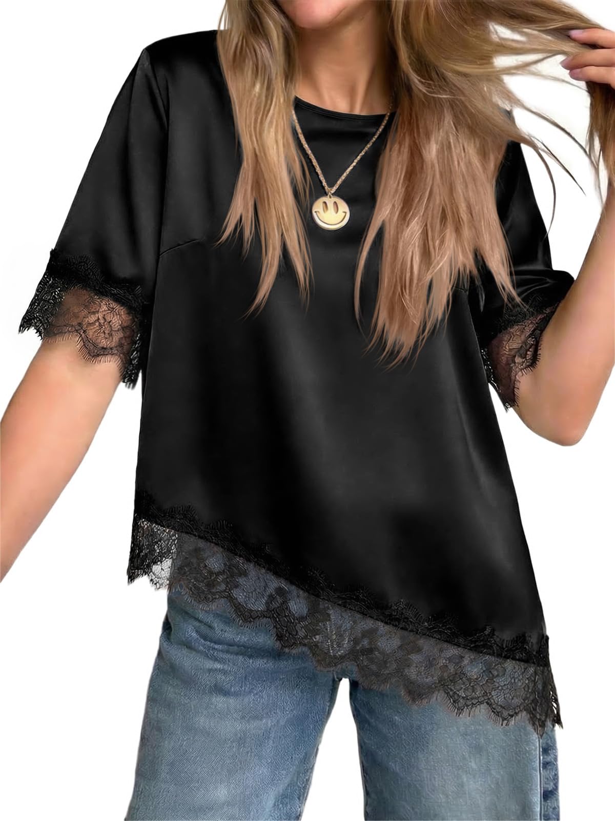 Women's Satin Short Sleeve Lace Trim Asymmetrical Blouse Tops