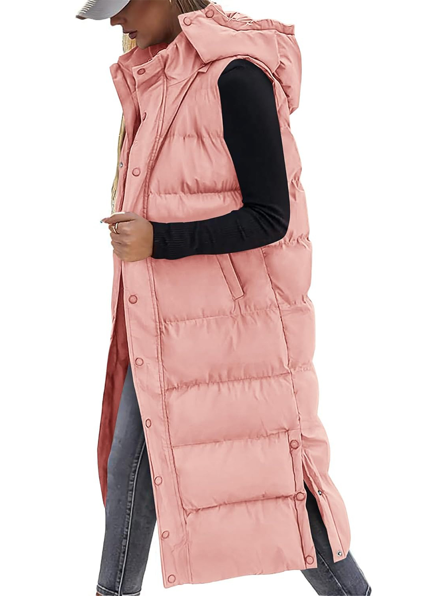 Women's Hooded Button Zipper Long Puffer Vest Jacket Coat