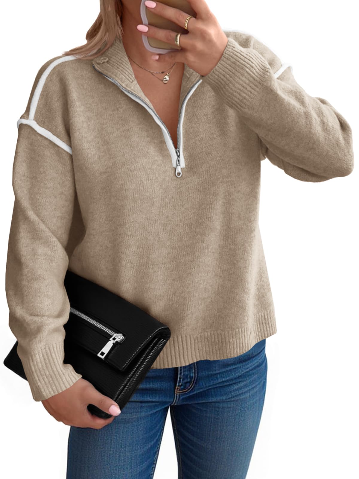 Women's Casual Color Block V Neck Quarter Zip Pullover Sweaters