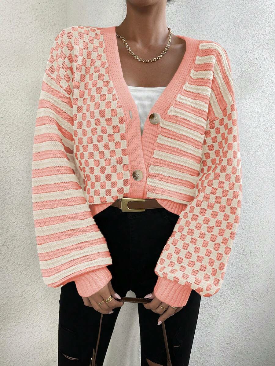 Women's Checker Plaid Striped Pattern Button Up V Neck Cardigan