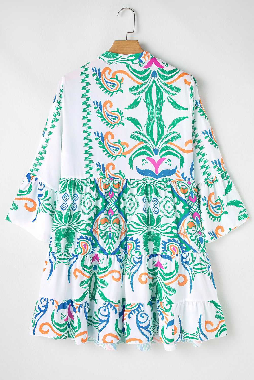 Women's Print Boho Button 3/4 Sleeve Tiered Babydoll Dress