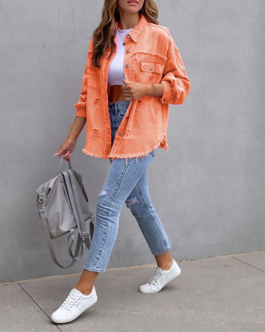 50% OFF🔥Women's Basic Casual Ripped Denim Jacket Long Sleeve (Buy 2 Free Shipping)
