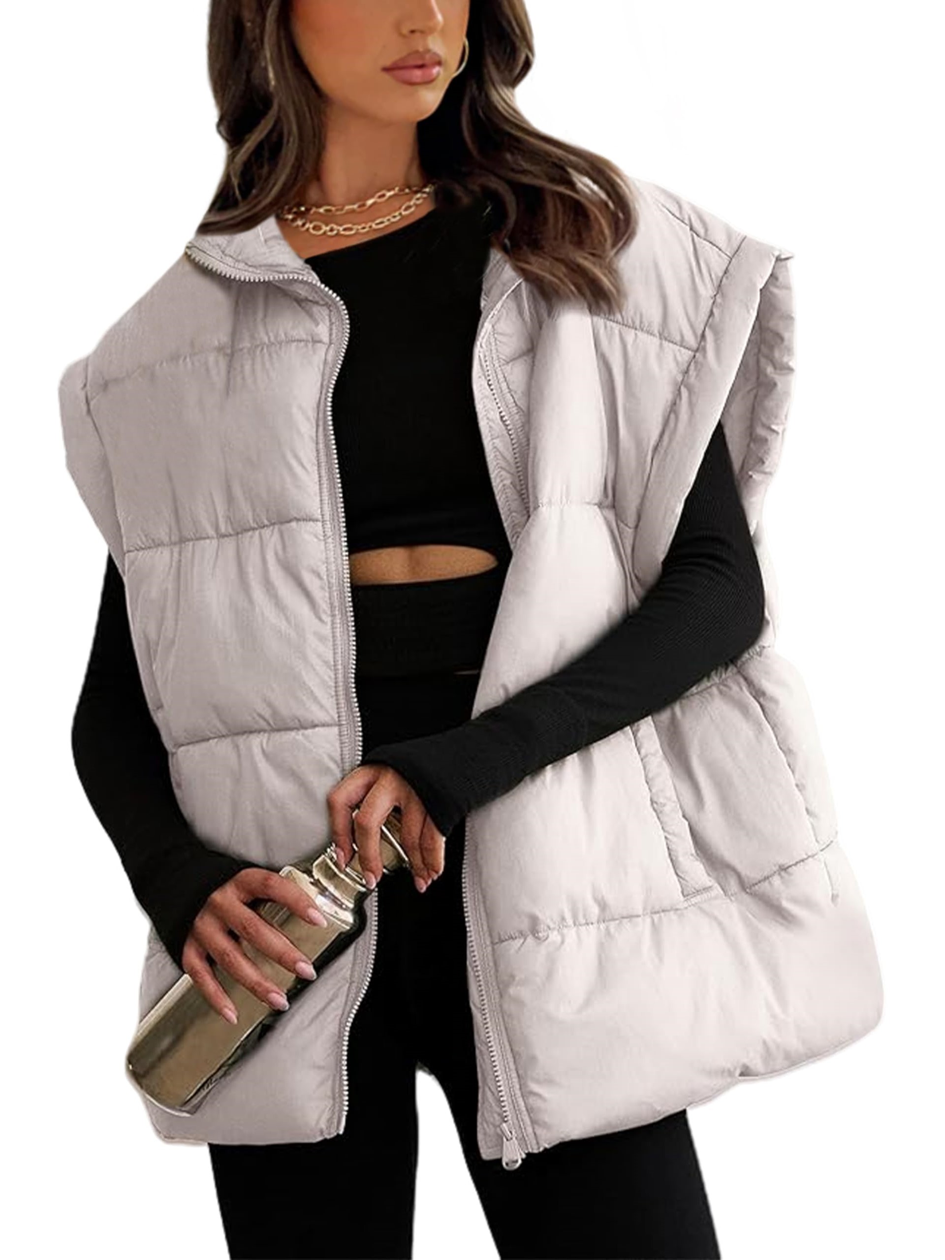 Women's Oversized Stand Collar Puffer Vest Lightweight with Pockets