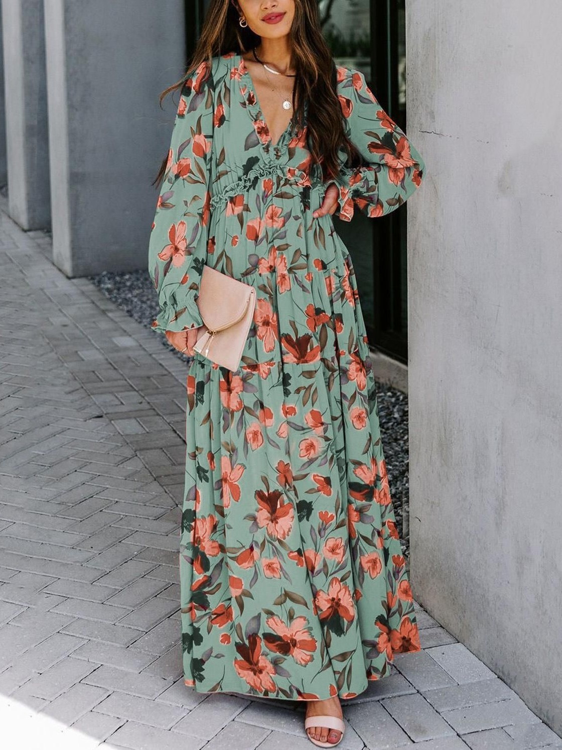 Women's Casual Boho Floral Printed V Neck Long Sleeve Dress