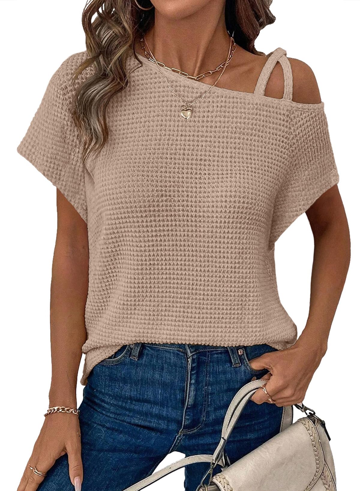 Womens Summer Tops Off One Shoulder Waffle Knit Short Sleeve T-Shirts