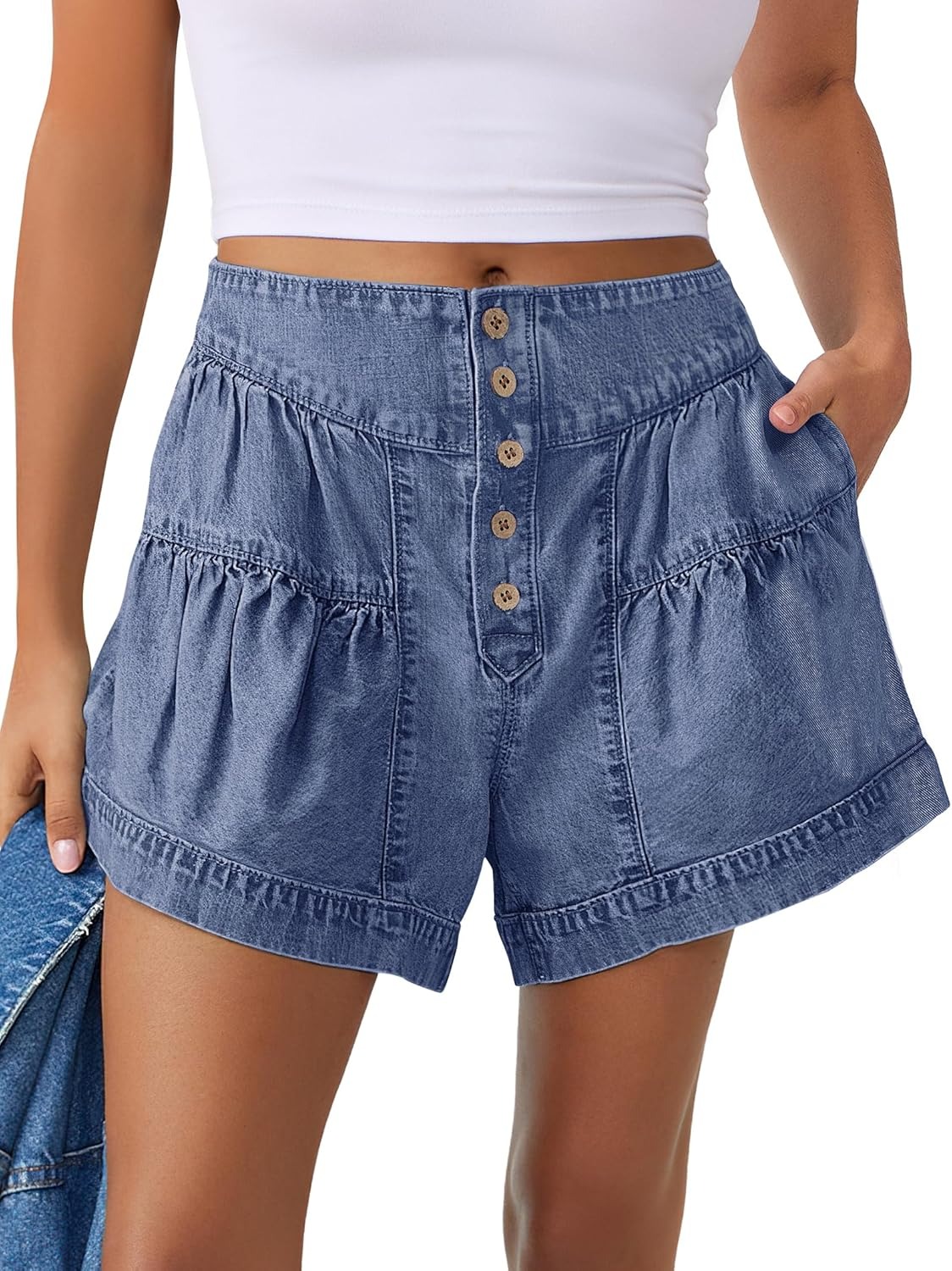 Women's Summer Baggy Flowy Wide Leg Buttons Pleated Denim Shorts