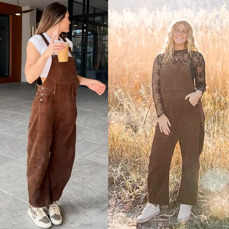 Women's Oversized Corduroy Overalls – Relaxed-Fit Wide-Leg Dungarees for Casual Daily Wear