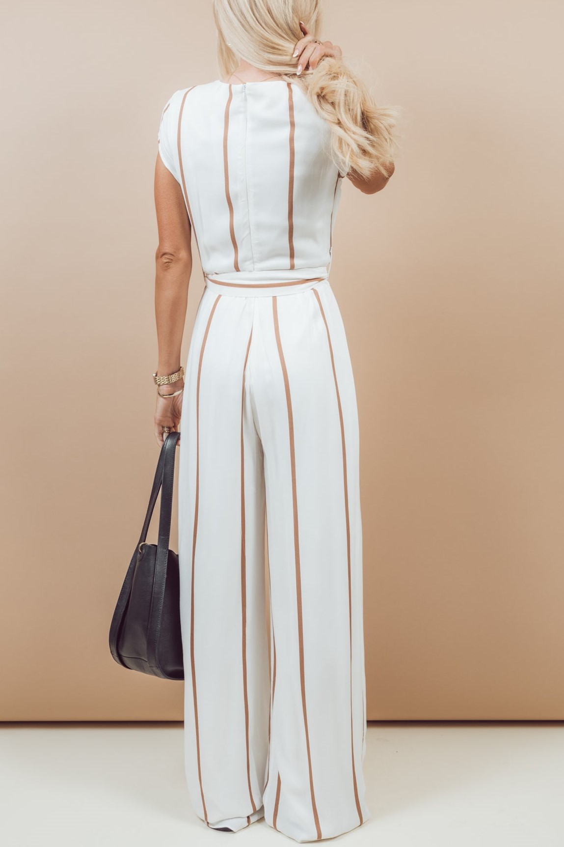Short Capped Sleeve Striped Lace-up Jumpsuit