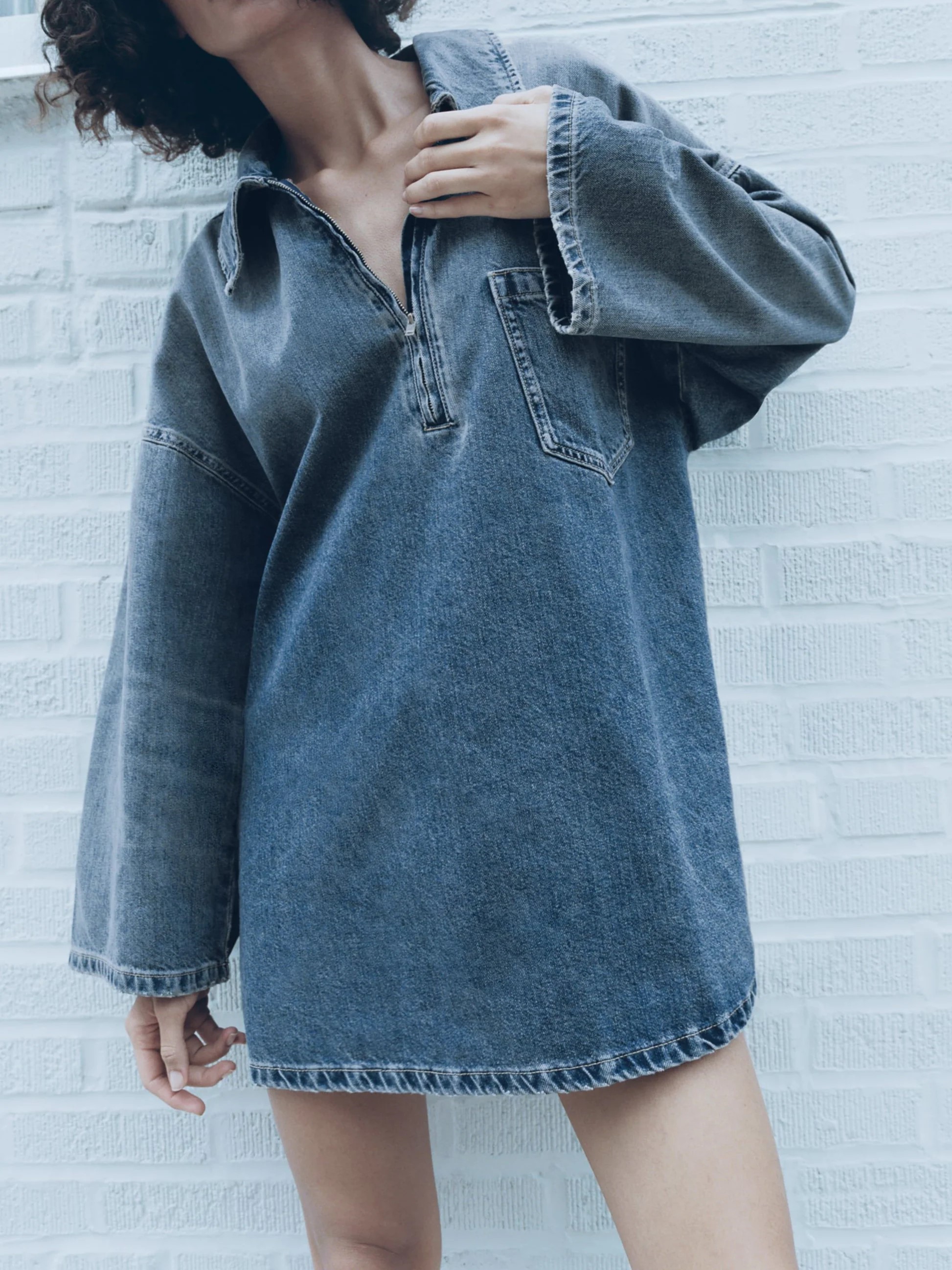 Women's Half-Zip Collared Vintage Loose Denim Dress Long Sleeve Casual Top