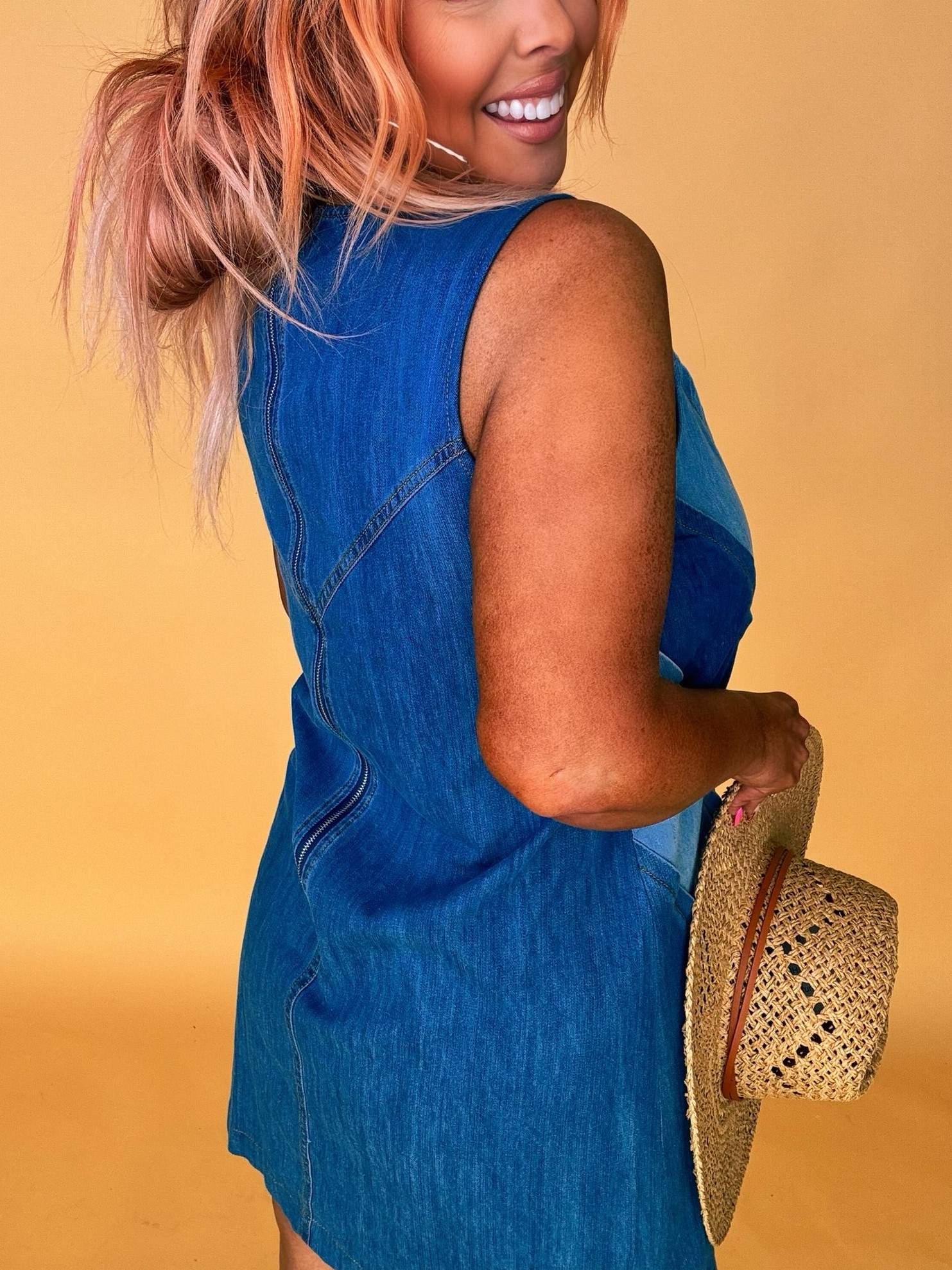 Chevron Sleeveless V Neck Midi Denim Tank Dress