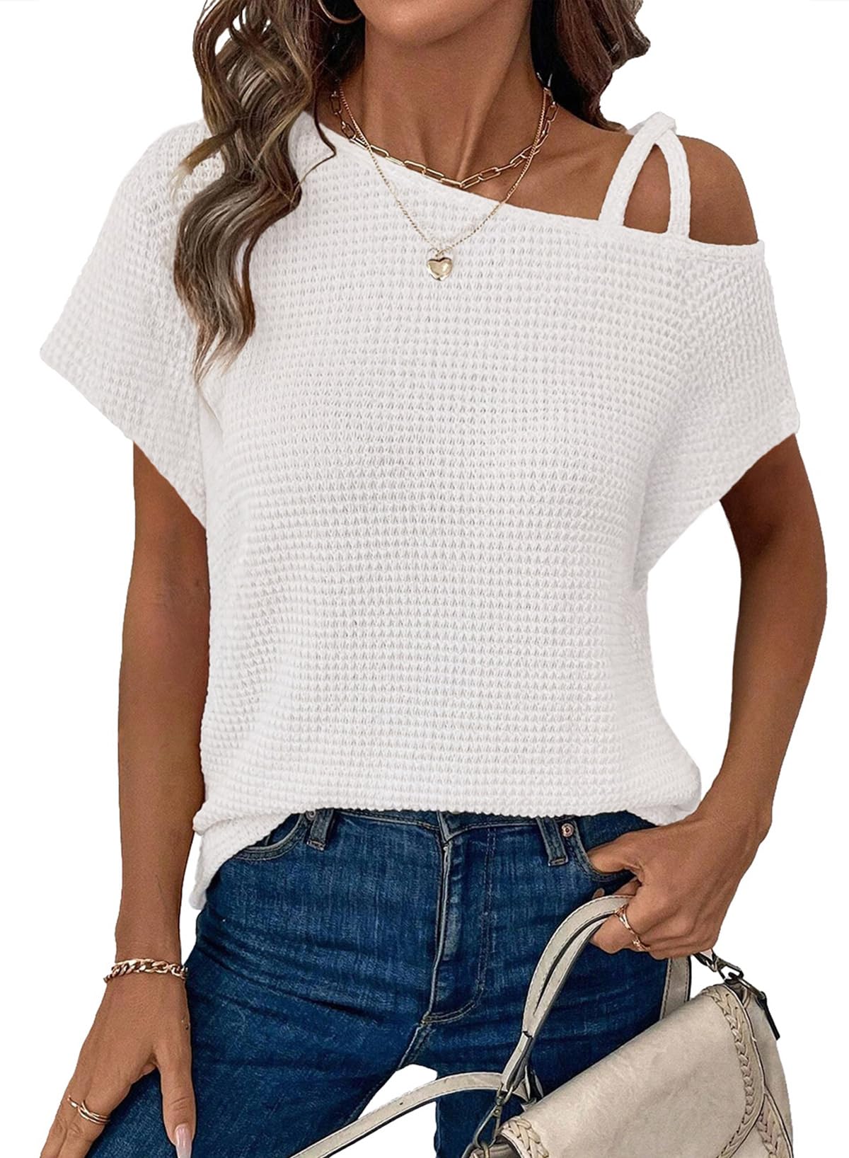 Womens Summer Tops Off One Shoulder Waffle Knit Short Sleeve T-Shirts