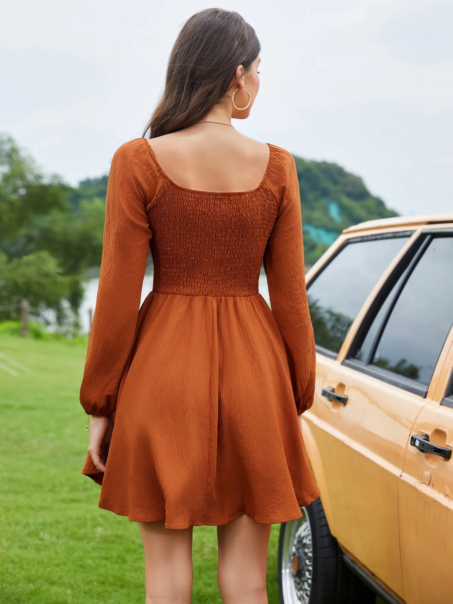 HOT SALE Women's V Neck Knot Front Smocked Back Long Sleeve Dress