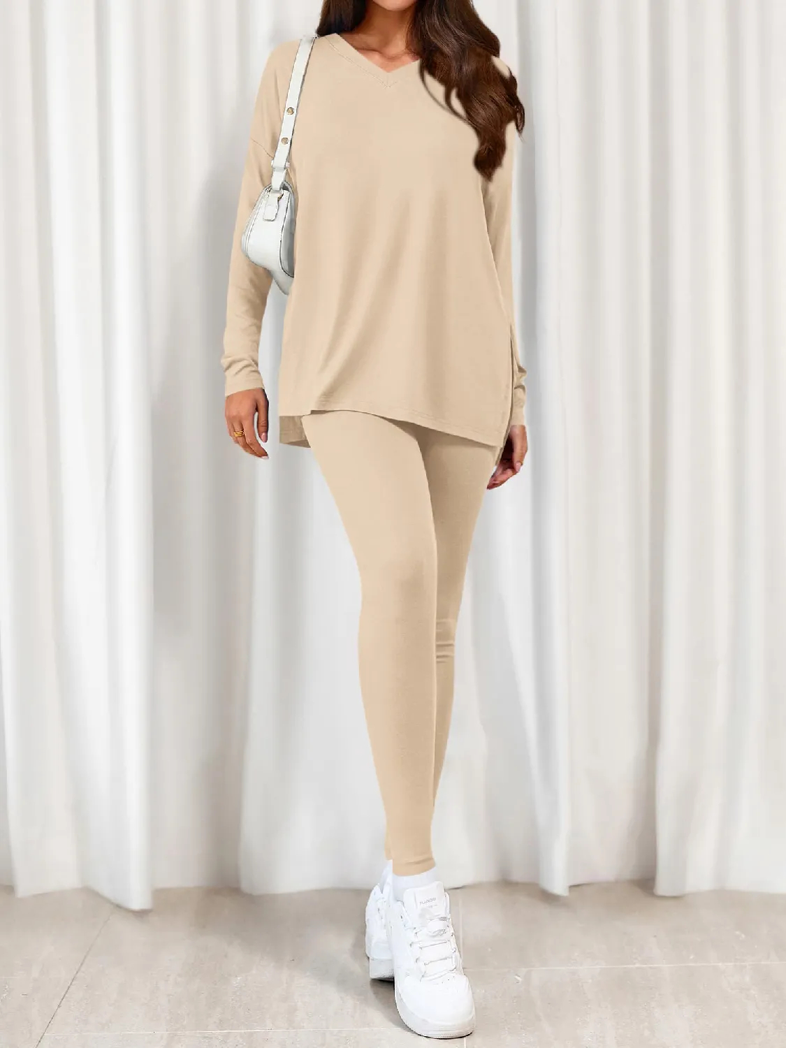 Women's V-neck Oversized Shirts Leggings Casual Lounge Matching Set