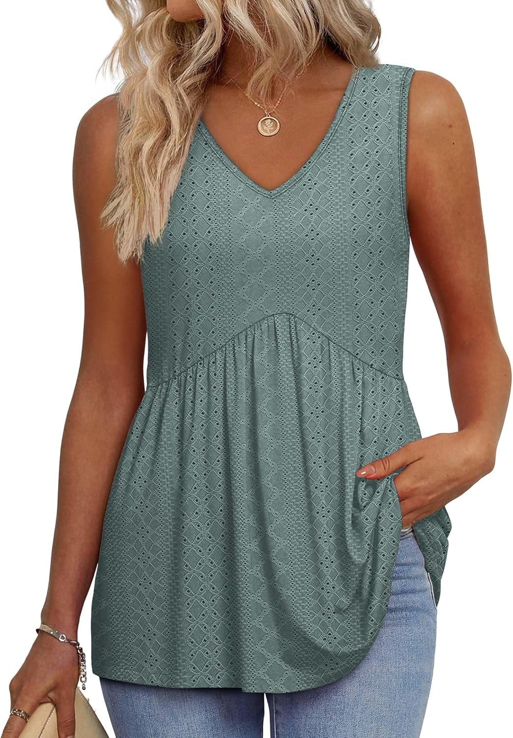 Women's Print Flowy Sleeveless V Neck Peplum Tank Tops