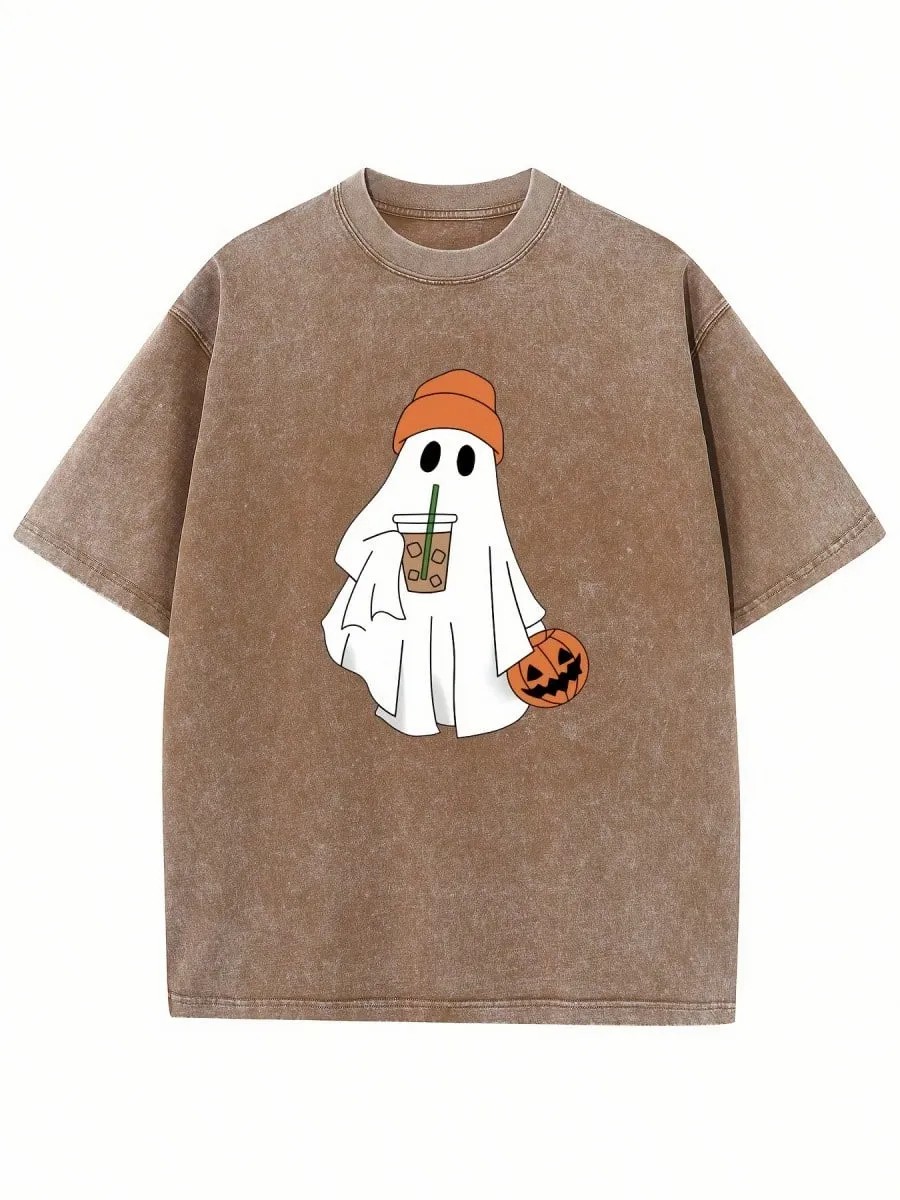 Vintage Halloween Cute Pumpkin And Ghost Print Washed T-Shirt 