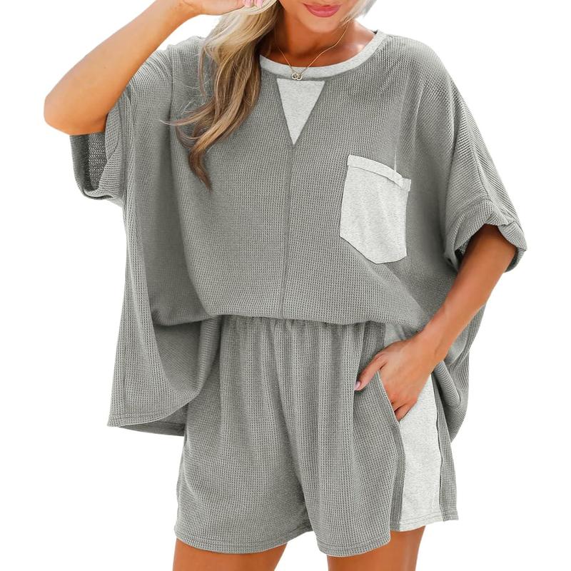 Women's Waffle Knit 2 Piece Oversized T-Shirt Casual Shorts Set