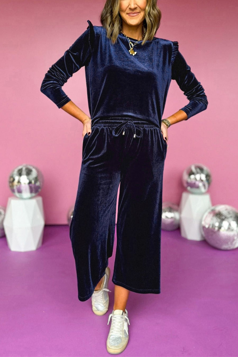  Velvet Ruffle Long Sleeve and Wide Leg Pants Set