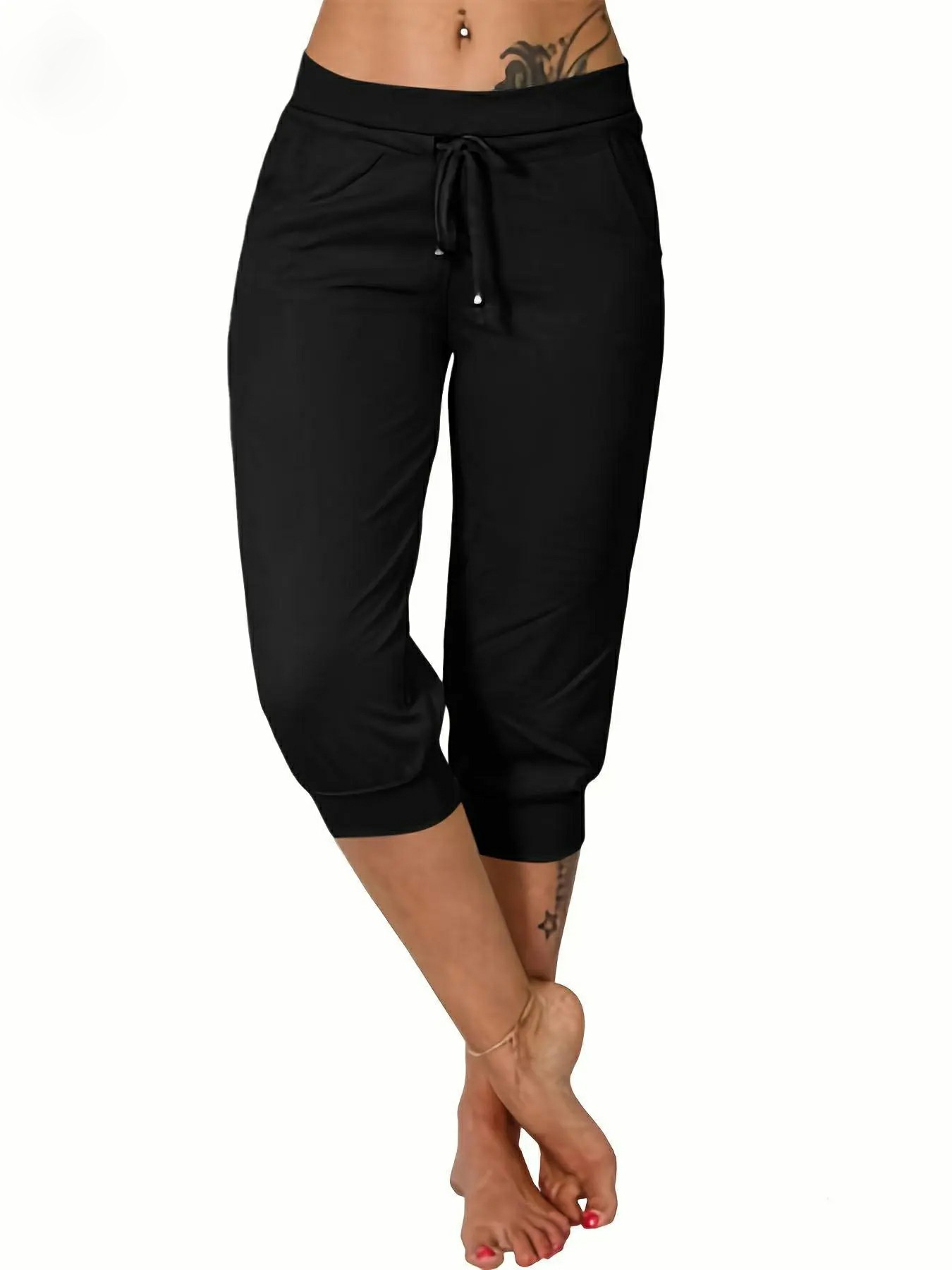 Women's Plain Drawstring Waist Capris Pants With Pockets