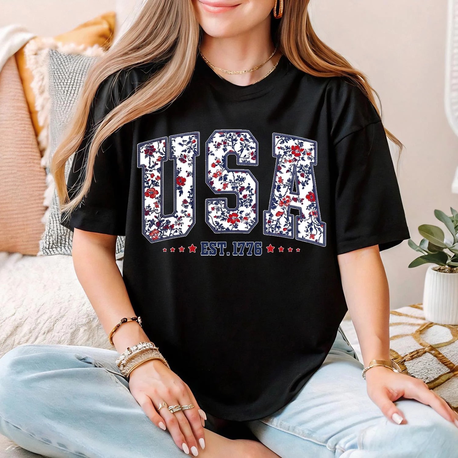 Women's Patriotic Floral USA Graphic Tee, Independence Day Shirt